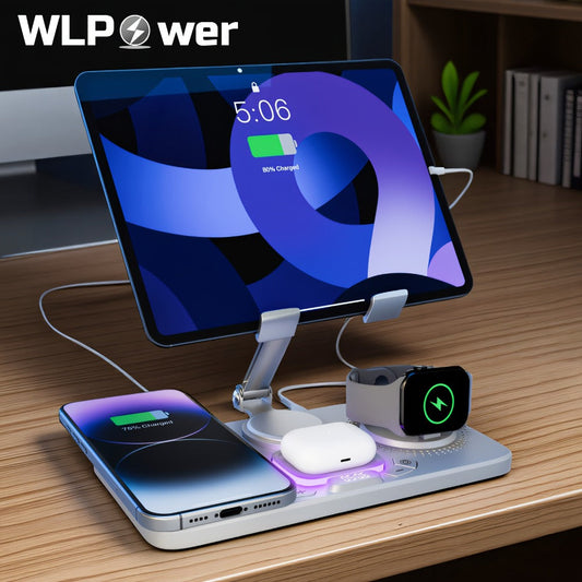 Wireless Charging Station, WLP Power 6-in-1 15W Dock with Clock, Atmosphere Light and Four-Device Layout