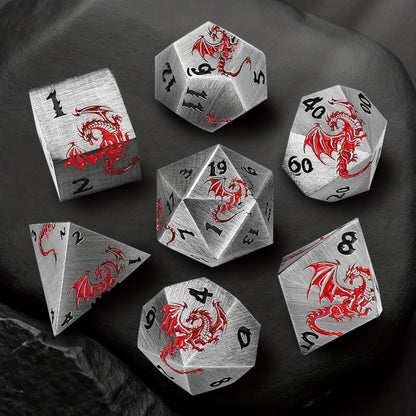 Dragon Metal Dice Set 7pcs Hand-Polished, Retro Carved Dragon Pattern Polyhedral DnD TTRPG RPG Dice with Dragon Storage Bag