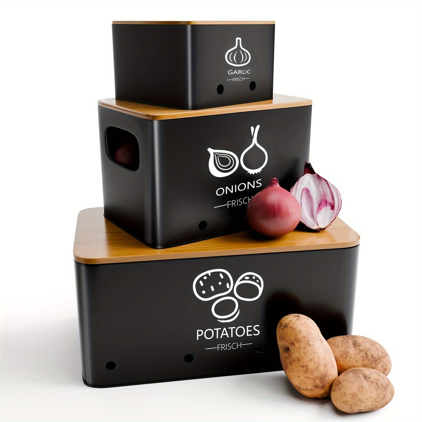 Three-Piece Black Metal Canister Set Labeled for Potatoes, Onions and Garlic in Graduated Sizes