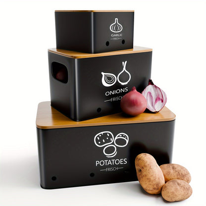 Three-Piece Black Metal Canister Set Labeled for Potatoes, Onions and Garlic in Graduated Sizes
