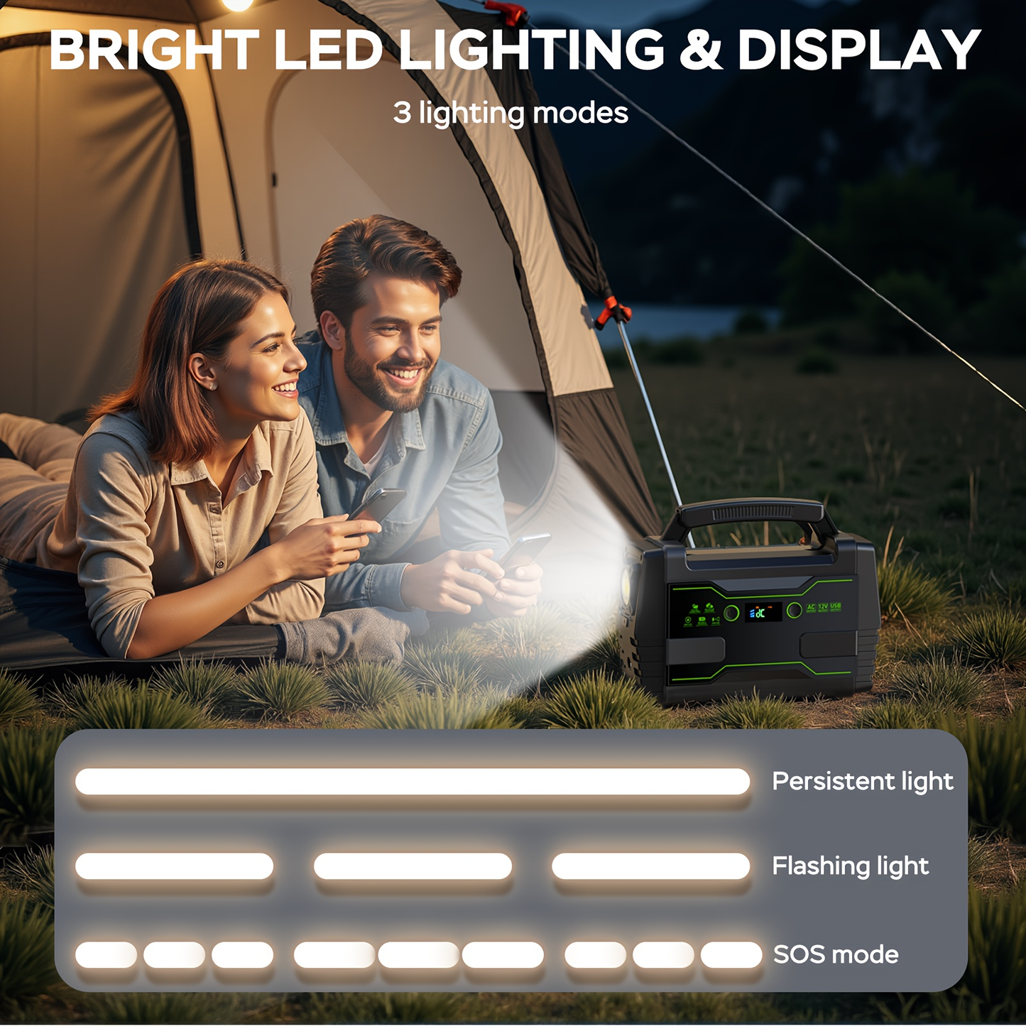 Portable Power Station 155Wh or 222Wh Configurations with AC Outlet, USB Ports, LED Light and Solar Option