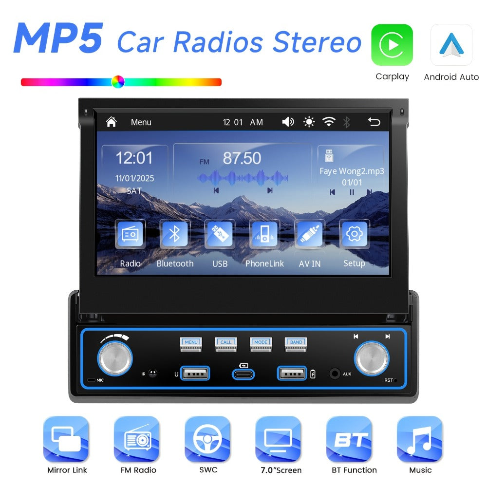 Single Din Car Stereo 7 Inch Flip Out Touchscreen – Wireless CarPlay & Android Auto, 1080P HD, FM Radio, SWC, Voice Control, USB/Type-C/AUX