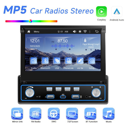 Single Din Car Stereo 7 Inch Flip Out Touchscreen – Wireless CarPlay & Android Auto, 1080P HD, FM Radio, SWC, Voice Control, USB/Type-C/AUX