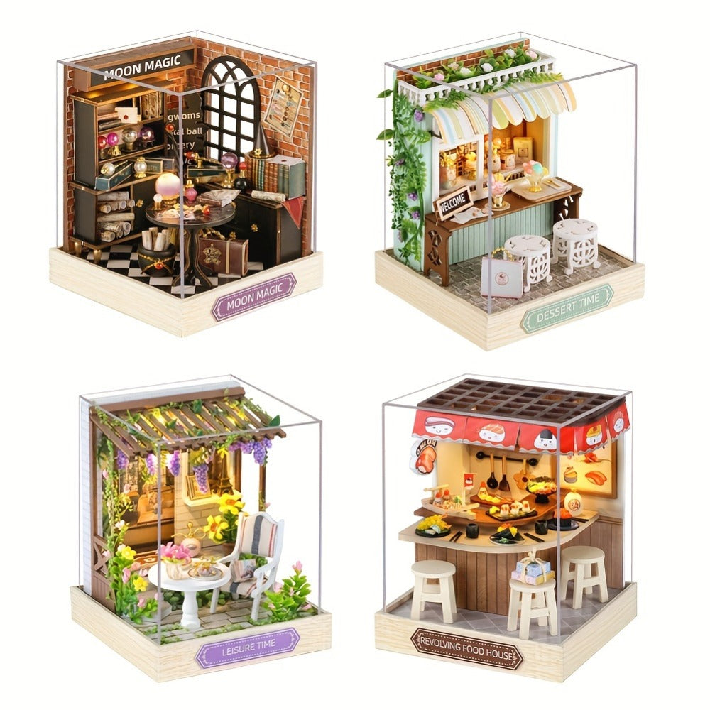 DIY Wooden Tiny House Kit with Dust Cover, Handmade Miniature Dollhouse Puzzle, 3 Themes Afternoon Tea Rotating Food House Moon Magic