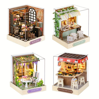 DIY Wooden Tiny House Kit with Dust Cover, Handmade Miniature Dollhouse Puzzle, 3 Themes Afternoon Tea Rotating Food House Moon Magic
