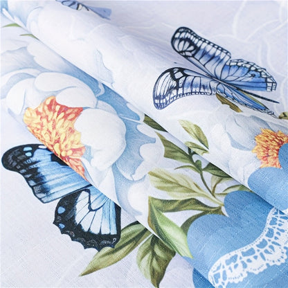 Three-Piece Butterfly Floral Window Curtain Set with Rod-Pocket Valance, Two Tiers and Four Colors