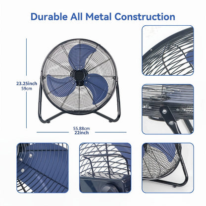 Industrial Floor Fan High Velocity 9 & 20 Inch, Metal Construction & Blades, 3-Speed Fan for Industrial