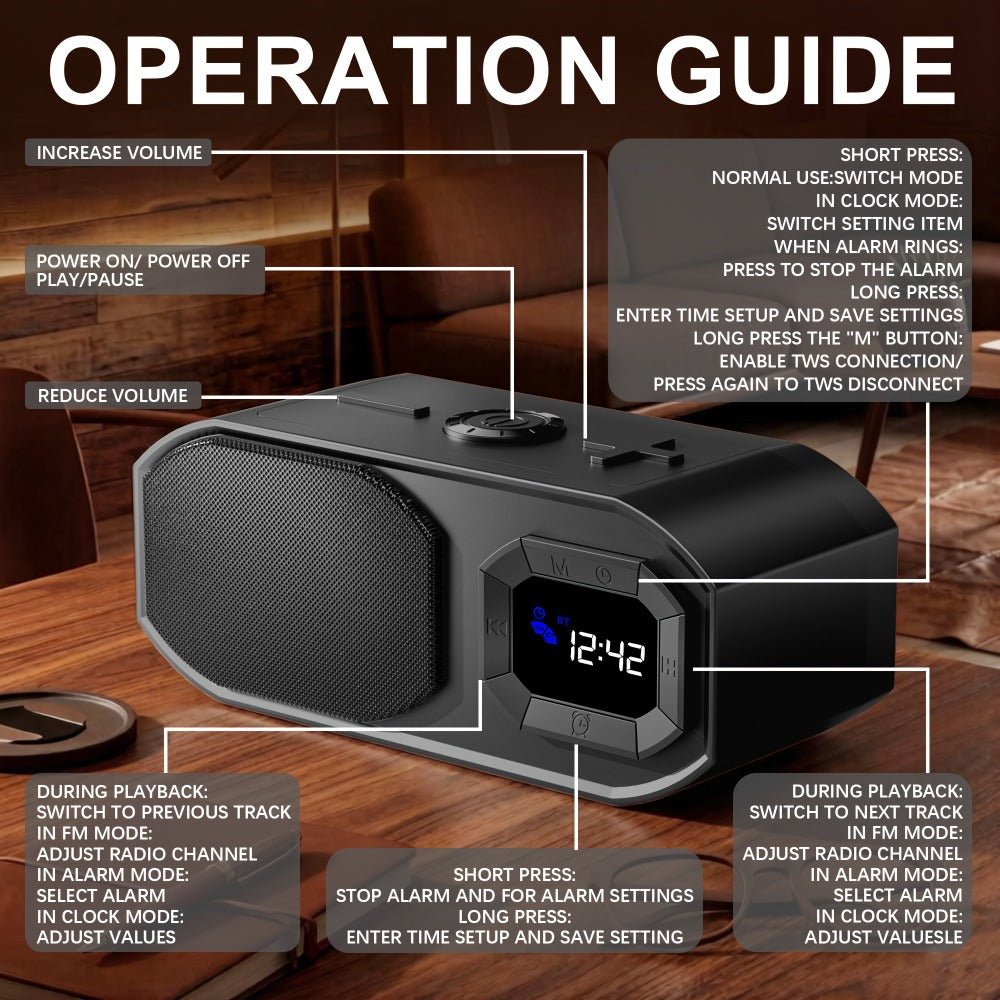 Bluetooth Speaker with Digital Alarm Clock, Fixed-Time Alarm, HD Sound, TWS Stereo Pairing, USB TF Card AUX Input