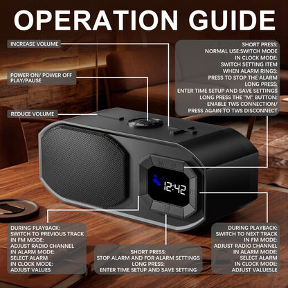Bluetooth Speaker with Digital Alarm Clock, Fixed-Time Alarm, HD Sound, TWS Stereo Pairing, USB TF Card AUX Input