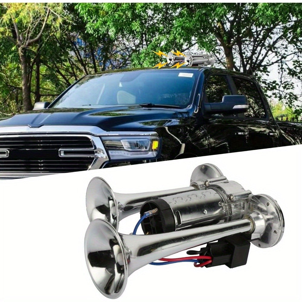 Dual Trumpet Air Horn Kit 12V 110dB – Super Loud Electric Horn with Compressor, Chrome Zinc-Alloy, Universal Fit for Car Truck SUV Boat