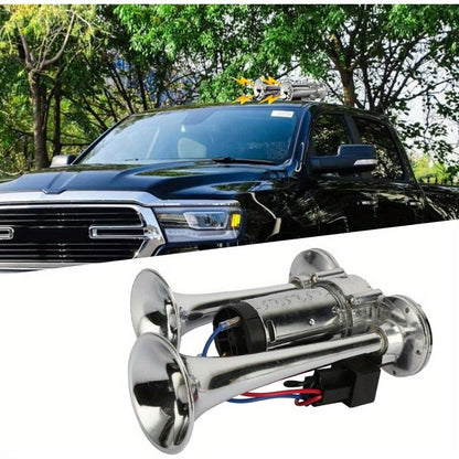 Dual Trumpet Air Horn Kit 12V 110dB – Super Loud Electric Horn with Compressor, Chrome Zinc-Alloy, Universal Fit for Car Truck SUV Boat