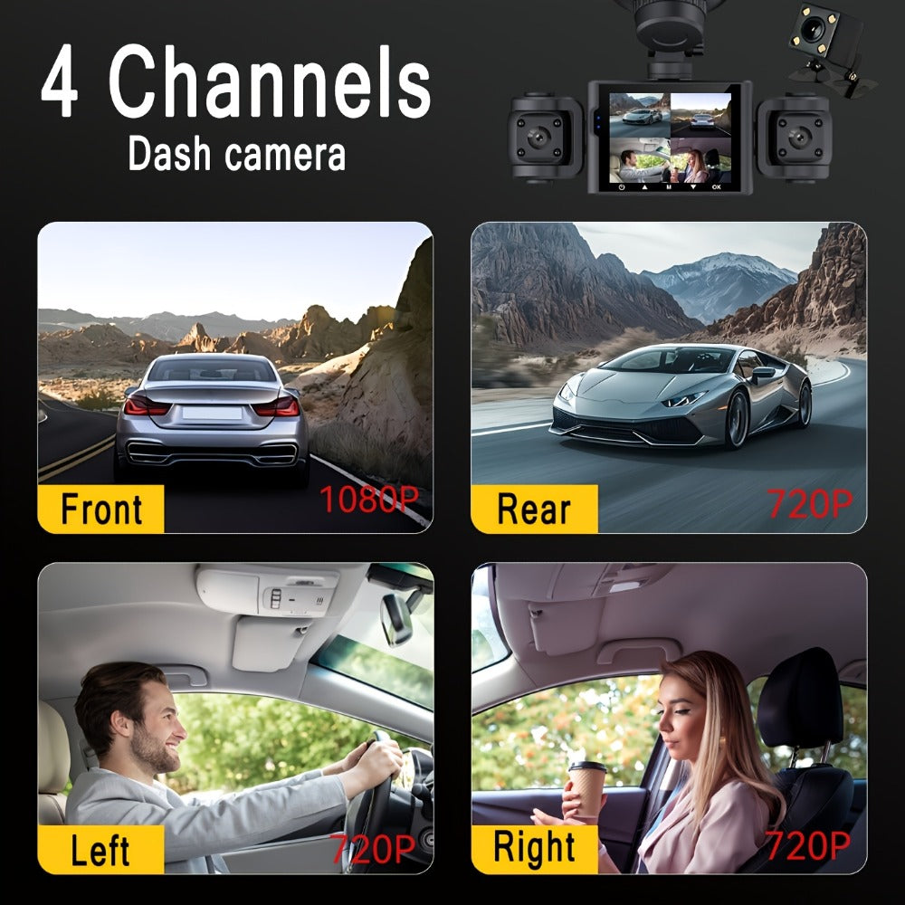 4-Channel 360° Dash Cam 1080P Front + 720P Rear Left Right All-Round Coverage, Quad-Screen Split Display, Night Vision, WDR, G-Sensor