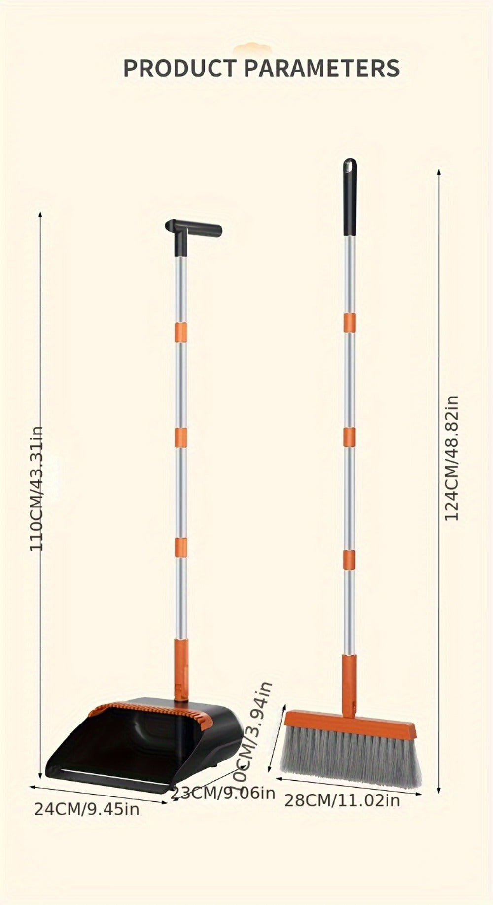 Folding Broom and Dustpan Set with Sectioned Handle, Rotating Head and Nine Blue, Orange or Khaki Checkout Options
