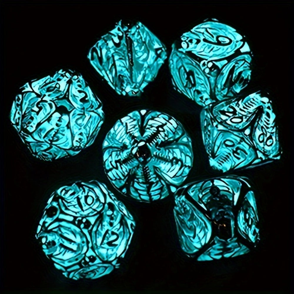 Metal Skull Dice Set 7pcs Glow in the Dark, Hollow UV Fluorescent Polyhedral DnD RPG Dice for Dungeon Masters