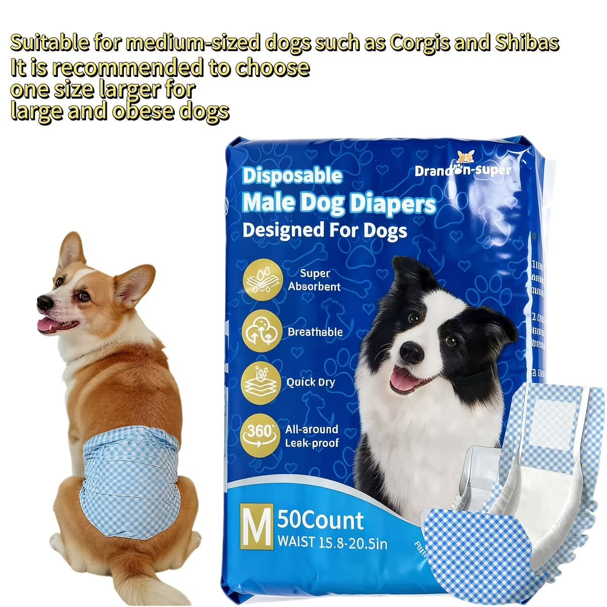 Disposable Dog Diapers 50-Pack for Male & Female Dogs – Super Absorbent Leak-Proof Pet Nappies, Comfortable Fit for Puppies, Senior Dogs