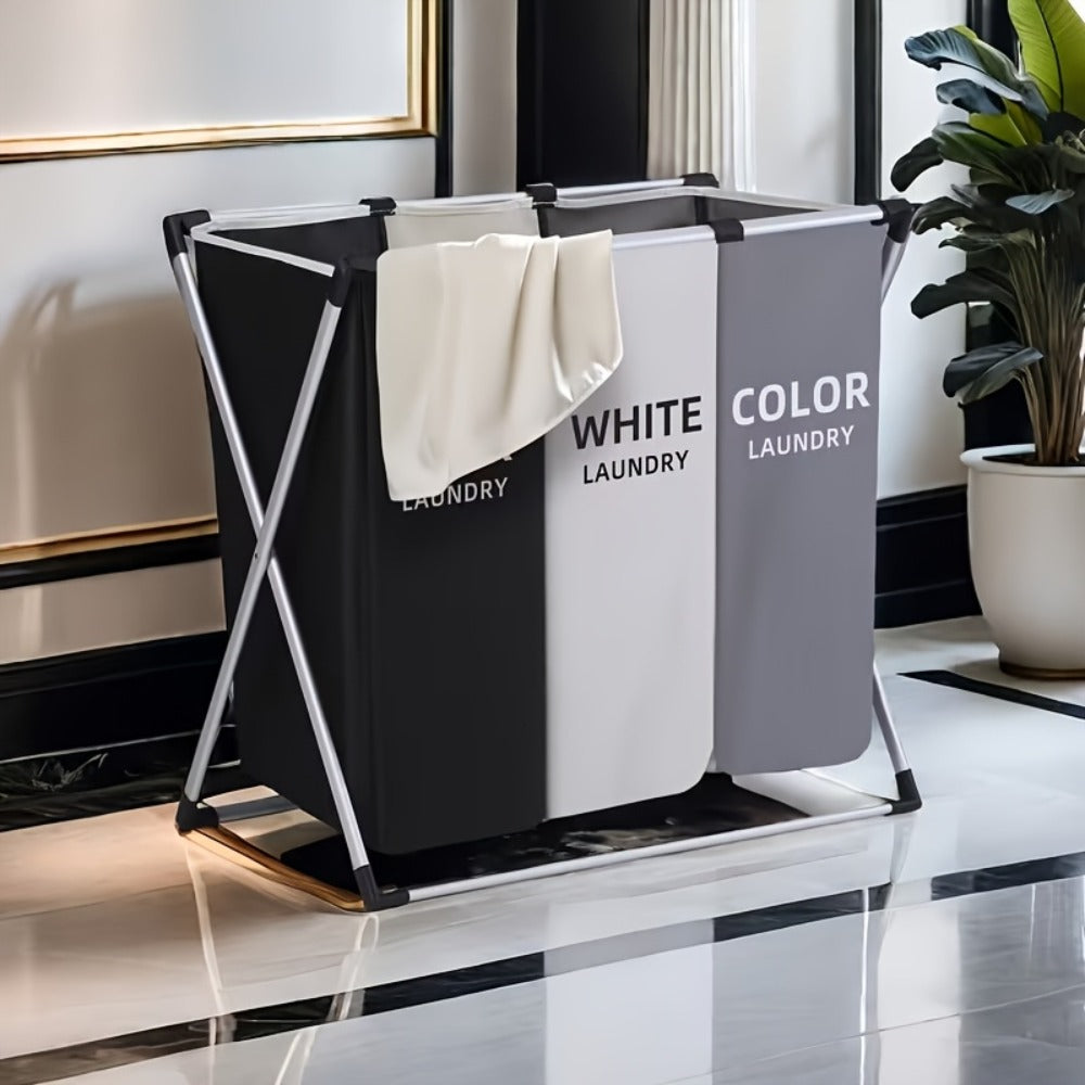 Laundry Hamper Sorter 3-Section Foldable Basket with Oxford Bags Large Rectangular Hamper with Handles Durable Fabric for Home Dorm Bathroom