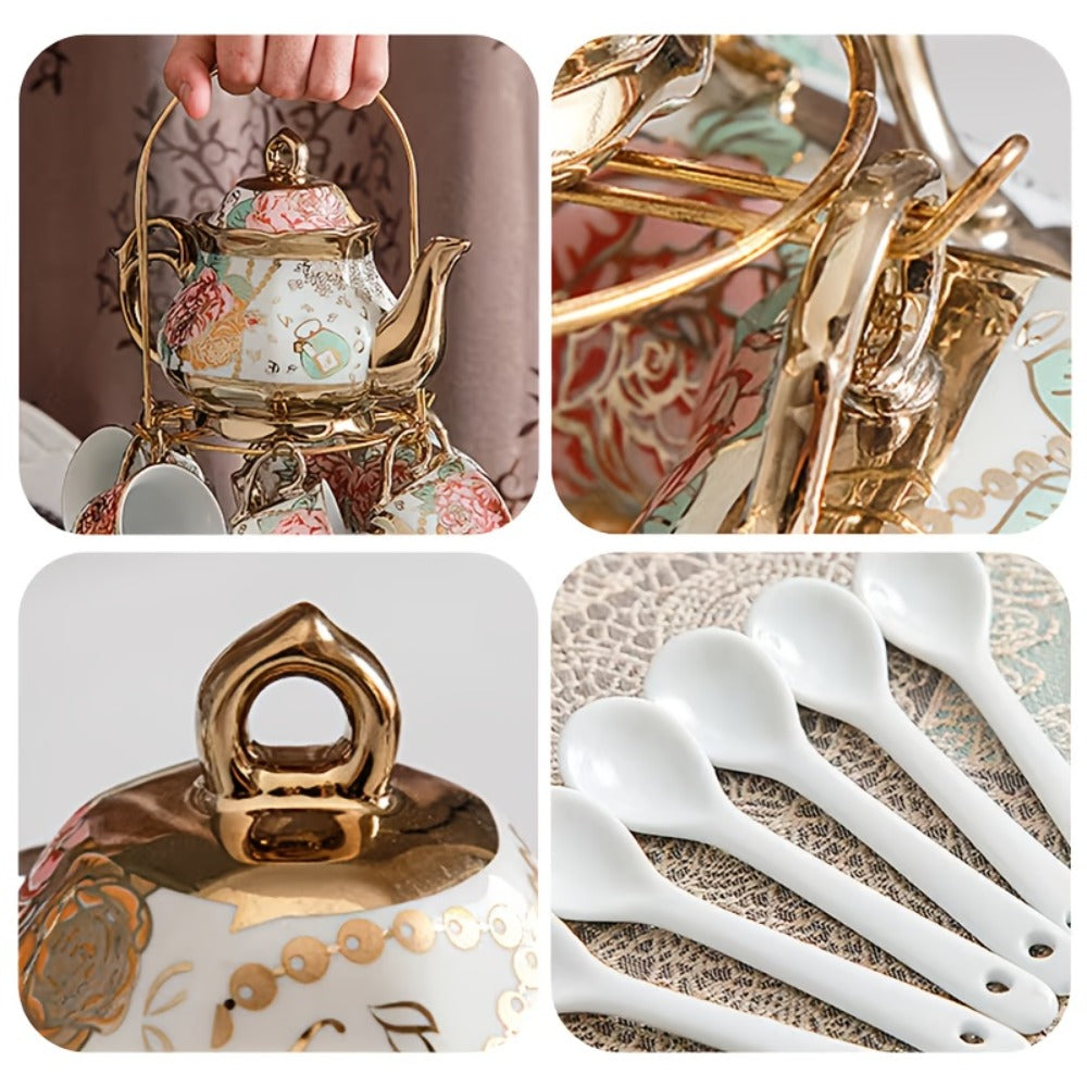 European Floral Ceramic Tea Set 20 Pcs – Italian Style Afternoon Tea Set with Metal Stand – Blooming Pattern Teapot & Cups