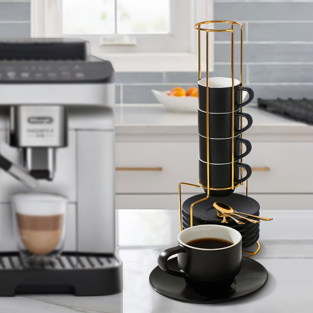 Espresso Cups Set of 6 with Saucers, Spoons & Metal Stand, 4oz Stackable Ceramic Cappuccino Mugs for Double Espresso