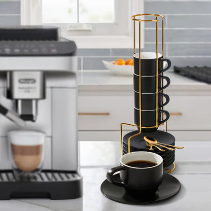 Espresso Cups Set of 6 with Saucers, Spoons & Metal Stand, 4oz Stackable Ceramic Cappuccino Mugs for Double Espresso