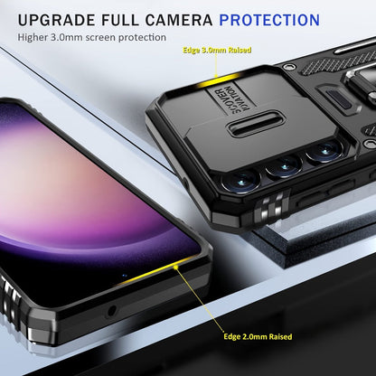 Samsung Galaxy Shockproof Magnetic Phone Case with 360° Rotating Ring Bracket & Sliding Lens Protector – Heavy Duty Cover for S24FE S23FE