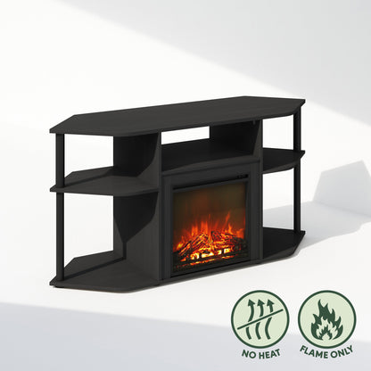 Corner TV Stand with Electric Fireplace, 55" Entertainment Center with Open Storage Shelves & Decorative Plastic Poles