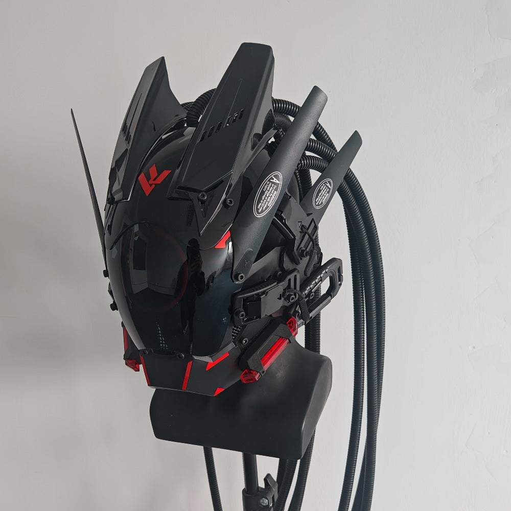 LED Cyberpunk Samurai Mask with Braids, Futuristic Sci-Fi Mechanical Face Mask for Halloween, Cosplay