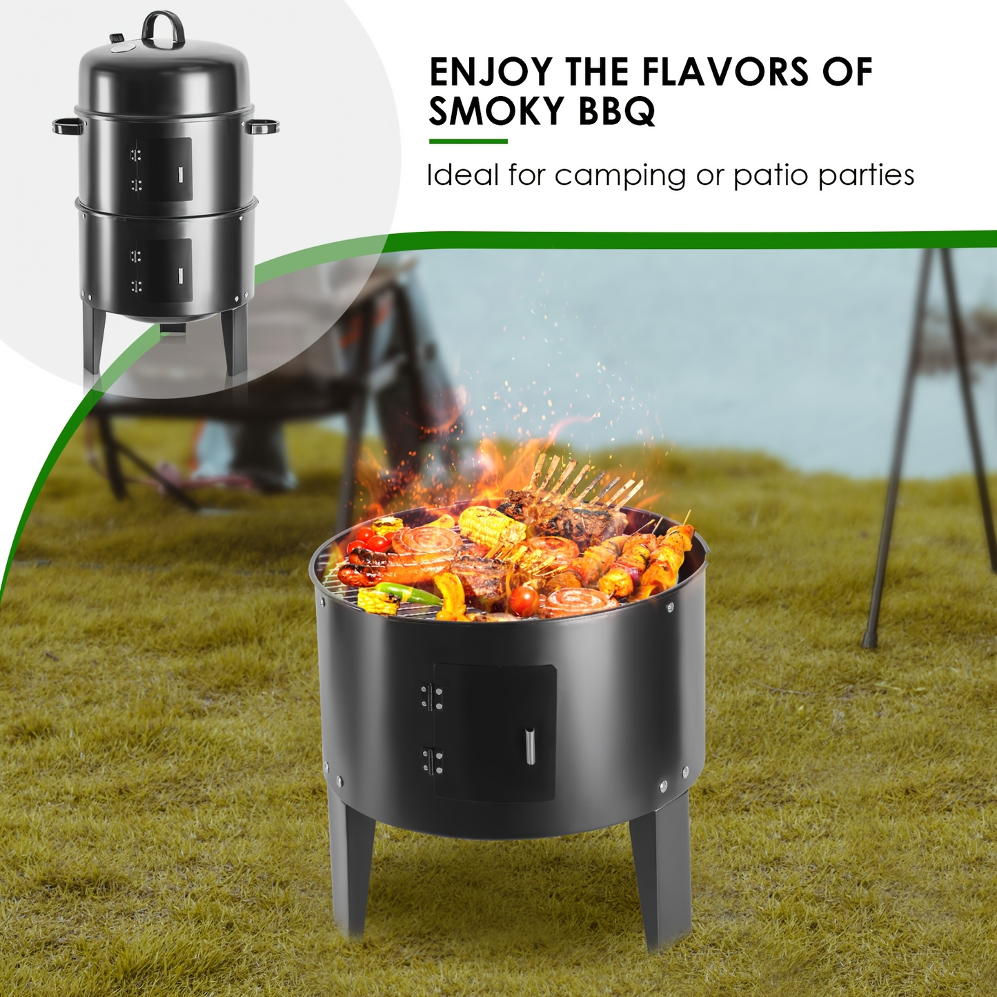 Charcoal Smoker Grill 16 Inch Vertical 3-Tier with Easy Temperature Control for Grilling, Camping and Outdoor Meals