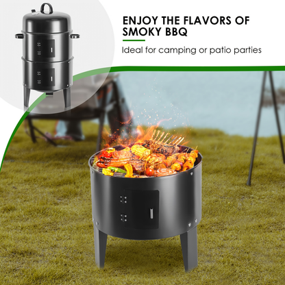 Charcoal Smoker Grill 16 Inch Vertical 3-Tier with Easy Temperature Control for Grilling, Camping and Outdoor Meals
