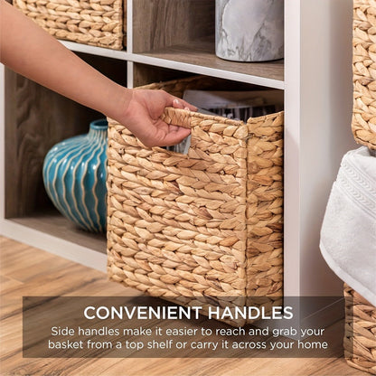 Water Hyacinth Storage Baskets 11in – Handwoven Stackable Cube Baskets for Shelves Closet Laundry, Natural Wicker Organizer Bins