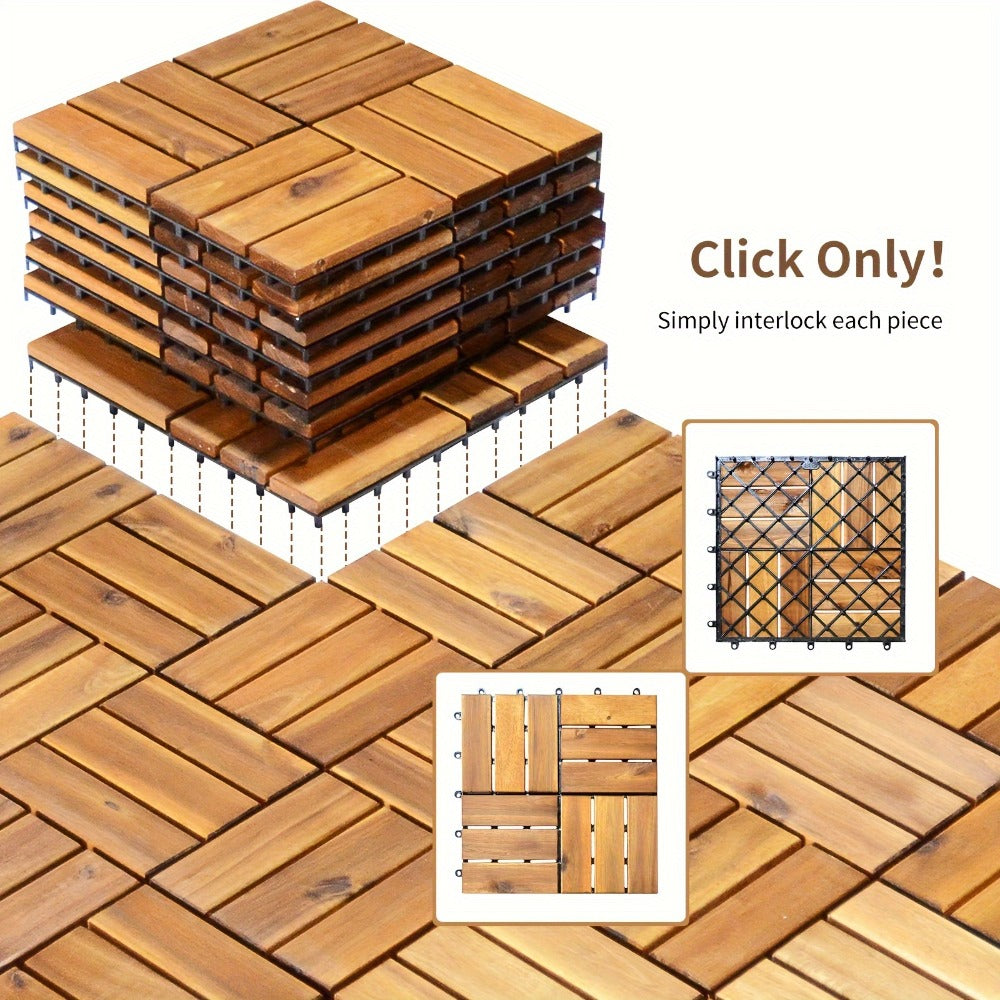 Interlocking Acacia Wood Deck Tiles 27-Pack – 12x12 Inch Oil-Finished Slat Tiles, Covers 27 Sq Ft, Tool-Free Install, for Patio, Balcony