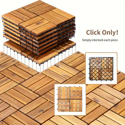 Interlocking Acacia Wood Deck Tiles 27-Pack – 12x12 Inch Oil-Finished Slat Tiles, Covers 27 Sq Ft, Tool-Free Install, for Patio, Balcony