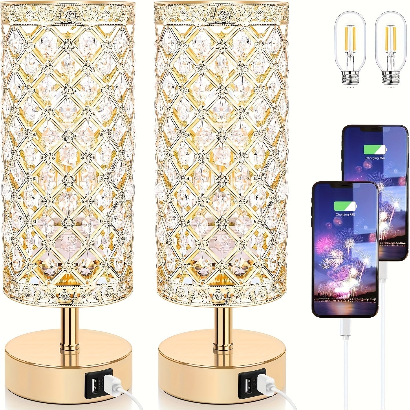 Crystal Cylinder Bedside Table Lamp with Dual USB Ports in Three Finishes and One- or Two-Pack Options