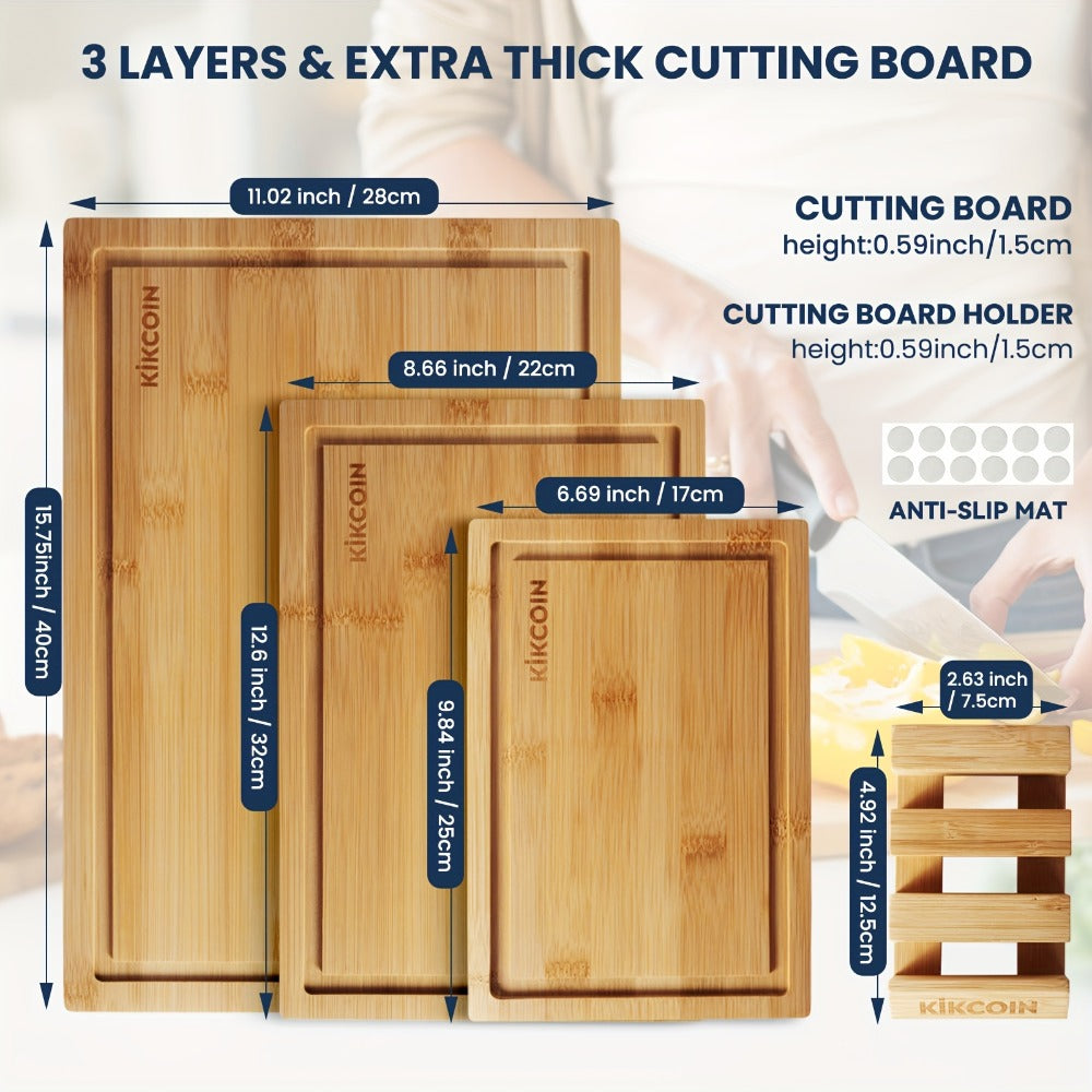 Cutting Board KIKCOIN Bamboo Set or Extra-Large Single Board with Juice Grooves and Storage Holder