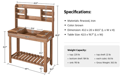 Potting Bench Table Fir Wood Iron Frame Switchable Top Integrated Sink 3-Tier Display Rack Storage Shelf for Garden, Patio and Yard Use