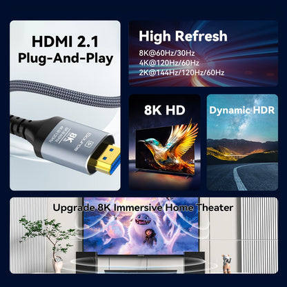 Long Fiber Optic HDMI Cable 32FT 50FT 65FT 100FT, HDMI 2.1 48Gbps 8K60Hz 4K120Hz HDR eARC HDCP 2.2 Slim Braided Cord