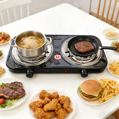 Portable Electric Stove Tabletop Double Burner, Adjustable Rotary Temperature Control, Compact Electric Charcoal Heater for Home
