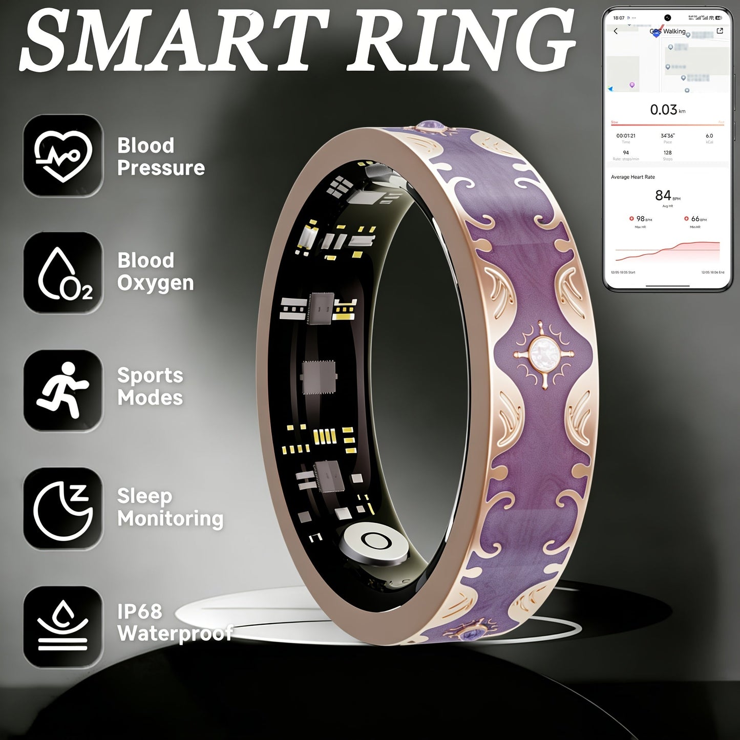 Patterned Smart Ring in Navy Blue or Sunset Purple with Activity and Sleep Summaries in US Sizes 7, 9 or 10