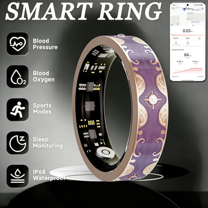 Patterned Smart Ring in Navy Blue or Sunset Purple with Activity and Sleep Summaries in US Sizes 7, 9 or 10