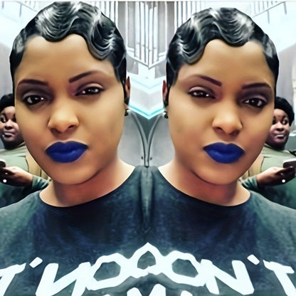 4-Inch Finger Wave Pixie Human Hair Wig with 180% Density, Rose Net Cap and 1B or 613 Color