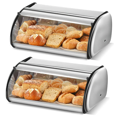Stainless Steel Roll Top Bread Box 13 Inch - Countertop Bread Storage Container with Lid, Keeps Bread Fresh & Insect-Free