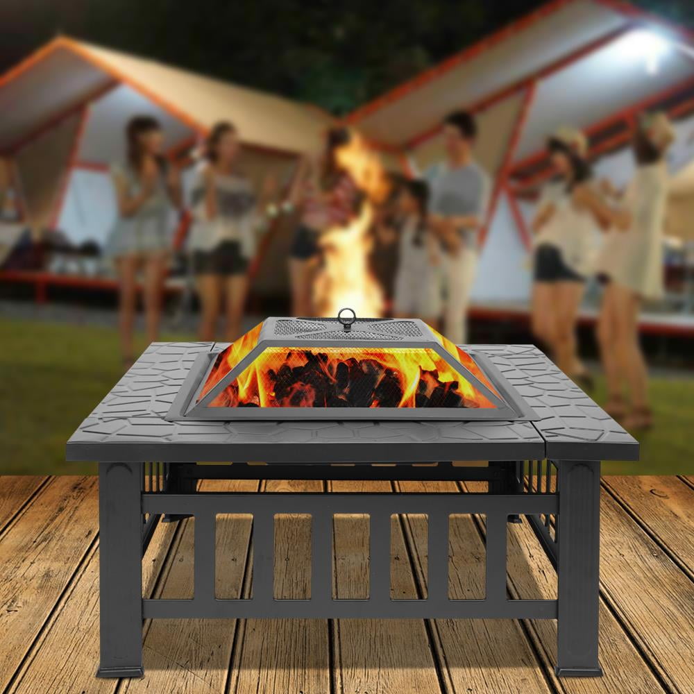Fire Pit, Square Outdoor Metal BBQ Patio Backyard Camping Fireplace for Grilling, Camping and Outdoor Meals