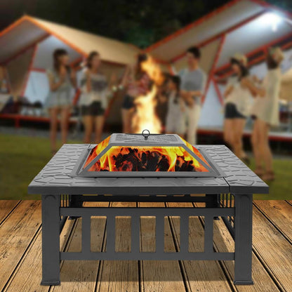 Fire Pit, Square Outdoor Metal BBQ Patio Backyard Camping Fireplace for Grilling, Camping and Outdoor Meals