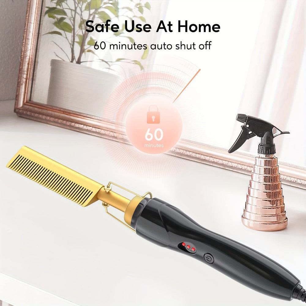 Electric Hot Comb Hair Straightener with Gold Titanium-Alloy Teeth, Detachable Guard and Adjustable Heat Controls