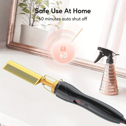 Electric Hot Comb Hair Straightener with Gold Titanium-Alloy Teeth, Detachable Guard and Adjustable Heat Controls