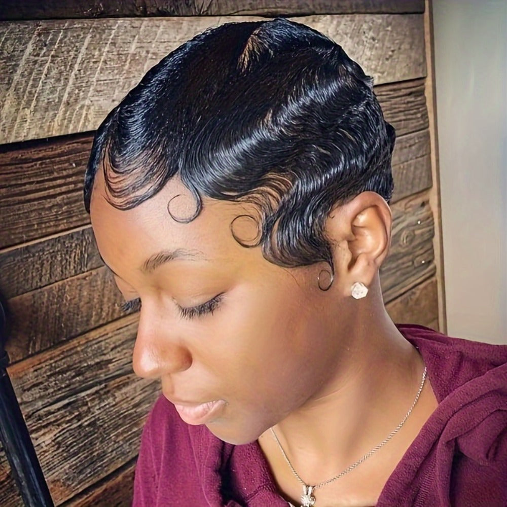 4-Inch Finger Wave Pixie Human Hair Wig with 180% Density, Rose Net Cap and 1B or 613 Color