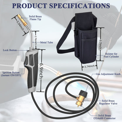Trigger-Start Propane Torch Kit with 5 ft Hose and Holster or Cylinder Clip Configuration for Work Areas