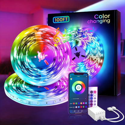 RGB LED Light Strip 50ft 100ft 130ft 16 Million Colors Music Sync, App & 24-Key Remote Control, Color Changing LED Strips for Bedroom