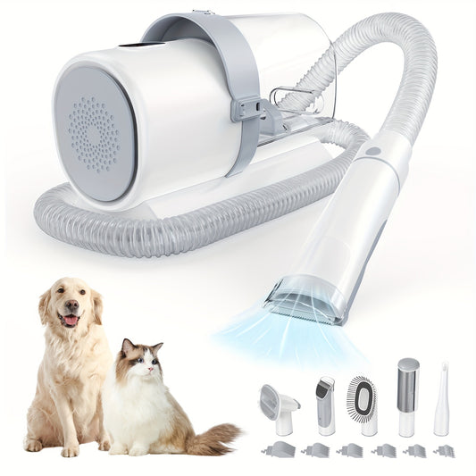 Pet Grooming Vacuum Kit 5-in-1 Professional Clippers 99% Hair Suction 6 Guide Combs Multifunctional Dog Cat Grooming Tools White Blue Grey