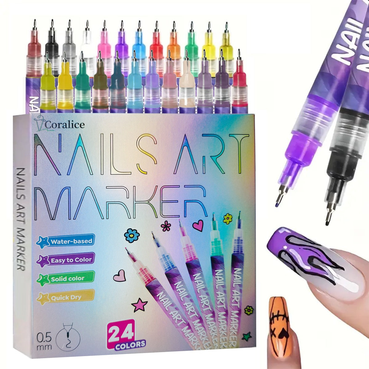 Nail Art Pens 24-Color Water-Based Marker Set with 0.5mm Fine Tips in a Boxed Multicolor Tray
