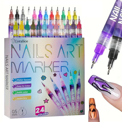 Nail Art Pens 24-Color Water-Based Marker Set with 0.5mm Fine Tips in a Boxed Multicolor Tray